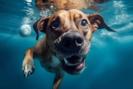Funny dog swimming underwater. Generative AI. high quality illustrationの素材