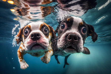Funny dog swimming underwater. Generative AI. high quality illustrationの素材