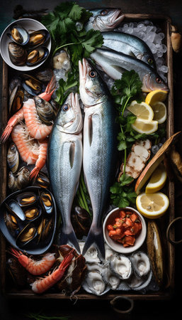 Variety assorted of Greek seafood. Generative AI. high quality illustrationの素材