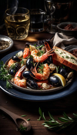 Variety assorted of Greek seafood. Generative AI. high quality illustrationの素材