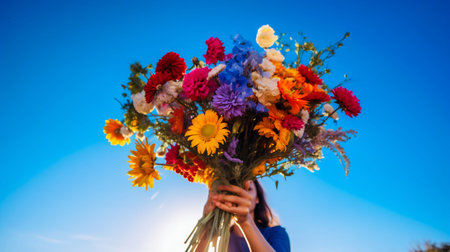 Hands holding a vibrant bouquet of wildflowers on a bright blue sky background. Generative AI. high quality illustrationの素材