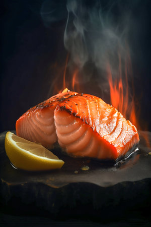 Salmon steak close up. Generative AI. high quality illustrationの素材