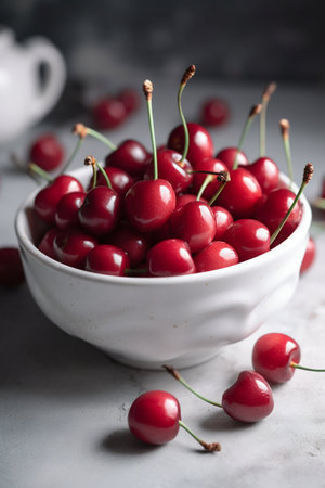 Cherry in a white ceramic bowl. Generative AI. high quality illustrationの素材