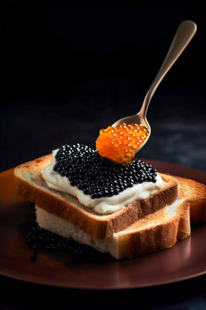 Black caviar on the bread with creamy chees. Generative AI. high quality illustrationの素材