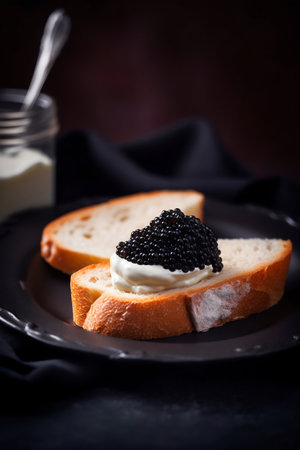 Black caviar on the bread with creamy chees. Generative AI. high quality illustrationの素材