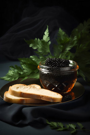 Black caviar on the bread with creamy chees. Generative AI. high quality illustrationの素材
