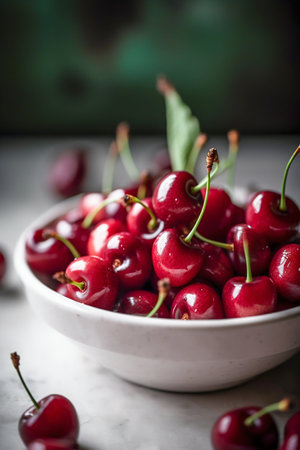 Cherry in a white ceramic bowl. Generative AI. high quality illustrationの素材