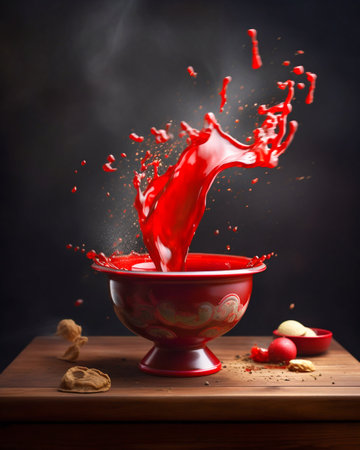 Bowl with flying red liquid in the air. Generative AI. high quality illustrationの素材