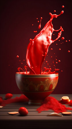 Bowl with flying red liquid in the air. Generative AI. high quality illustrationの素材