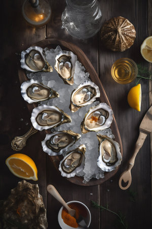 Oysters sea food. Generative AI. high quality illustrationの素材