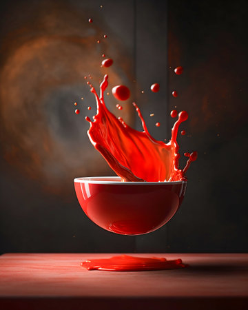 Bowl with flying red liquid in the air. Generative AI. high quality illustrationの素材