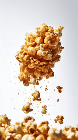 Flying caramalized popcorn isolated on a white background. Generative AI. high quality illustrationの素材