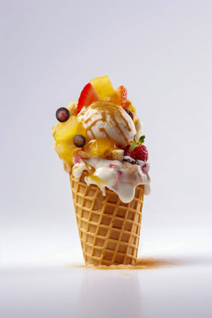 Waffle with caramel, ice cream and fresh fruits. Generative AI. high quality illustrationの素材