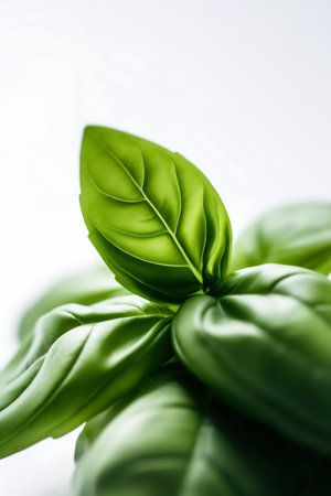 Macro Photo of Basil on White Background. Generative AI. high quality illustrationの素材