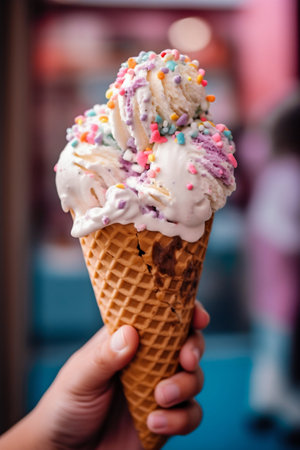 Person Holding Large Ice Cream Cone with Sprinkles. Generative AI. high quality illustrationの素材