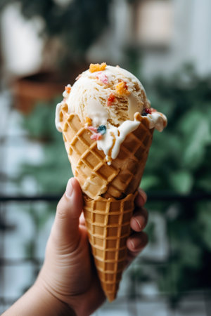 Person Holding Large Ice Cream Cone with Sprinkles. Generative AI. high quality illustrationの素材