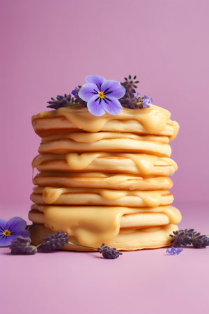 Pancakes with Viola Flowers and Cream Cheese on Lilac Background. Generative AI. high quality illustrationの素材