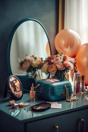 Modern Woman's Dressing Table with Mirror, Balloons, Perfume, Jewelry, Flowers, Cosmetics. Generative AI. high quality illustrationの素材