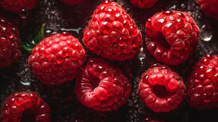 Fresh Raspberries with Glistening Droplets of Water, Top-Down View Seamless Background. Generative AI. high quality illustrationの素材