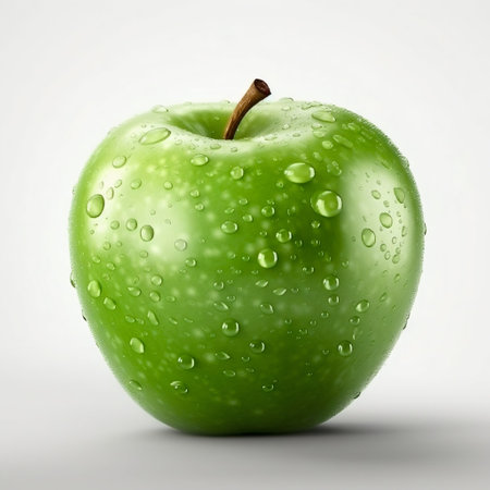 Green Apple Fruit with Droplets of Water Isolated on White Background. Generative AI. high quality illustrationの素材