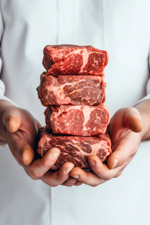 Man's Hands Holding Raw Meat on White Background. Generative AI. high quality illustrationの素材