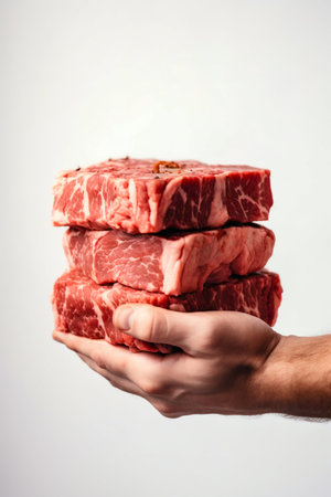 Man's Hands Holding Raw Meat on White Background. Generative AI. high quality illustrationの素材
