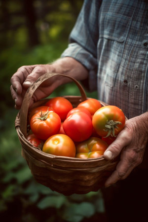 Man Holding Fresh Tomatoes in a Basket. Generative AI. high quality illustrationの素材