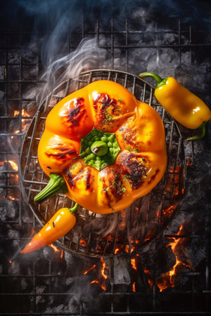Sweet Red Pepper Grilling on Barbecue. Generative AI. high quality illustrationの素材