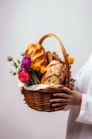 Hand Holding a Basket of Fresh Bread and Flowers on White Background. high quality illustrationの素材