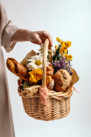 Hand Holding a Basket of Fresh Bread and Flowers on White Background. high quality illustrationの素材