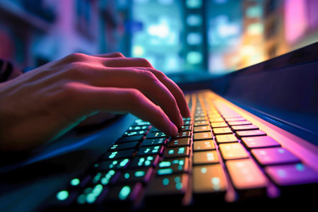 Male Hand Typing on Laptop Keyboard with Neon Light. Generative AI. high quality illustrationの素材