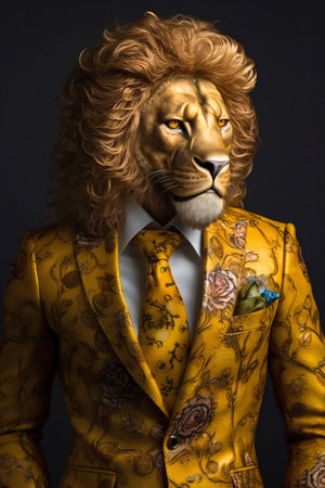 Lion Wearing Beautiful Tailored Golden Suit. Generative AI. high quality illustrationの素材
