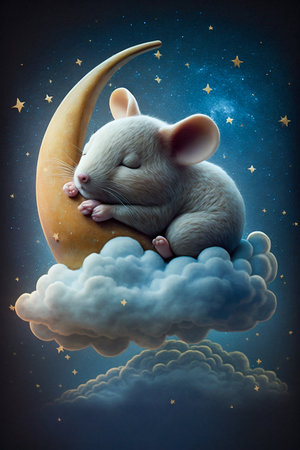 Baby Mouse Sleeping on Cloud with Starry Sky. Generative AI. high quality illustrationの素材