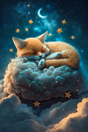 Baby Fox Sleeping on Cloud with Starry Sky. Generative AI. high quality illustrationの素材