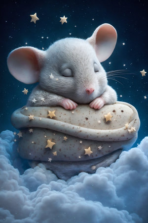 Baby Mouse Sleeping on Cloud with Starry Sky. Generative AI. high quality illustrationの素材