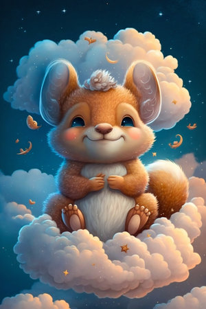Smiling Cute Squirrel on Cloud with Starry Sky. Generative AI. high quality illustrationの素材