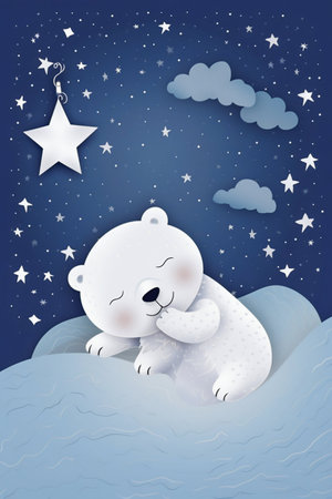 Baby Polar Bear Sleeping on Cloud with Starry Sky. Generative AI. high quality illustrationの素材