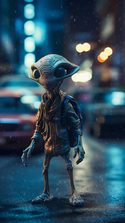 Tiny Alien in the Night City. Generative AI. high quality illustrationの素材