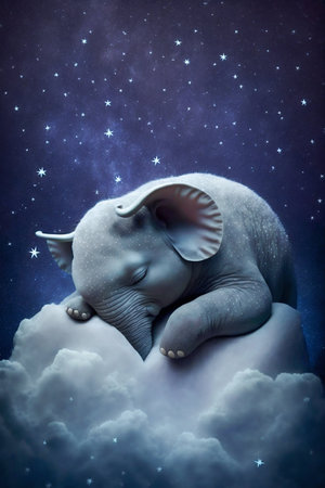 Baby Elephant Sleeping on Cloud with Starry Sky Illustration. Generative AI. high quality illustrationの素材