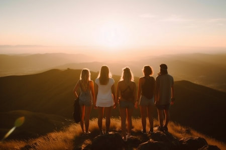 Group of Friends Seen from Behind, Standing Atop Mountain on a Summer Day Sunlight. Generative AI. high quality illustrationの素材