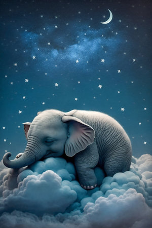 Baby Elephant Sleeping on Cloud with Starry Sky Illustration. Generative AI. high quality illustrationの素材