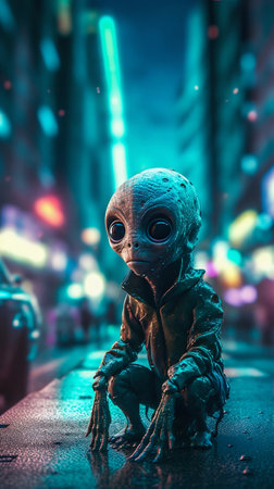 Tiny Alien in the Night City. Generative AI. high quality illustrationの素材