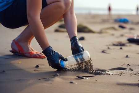 Volunteering People Picking up Plastic Bottles on the Beach. Generative AI. high quality illustrationの素材