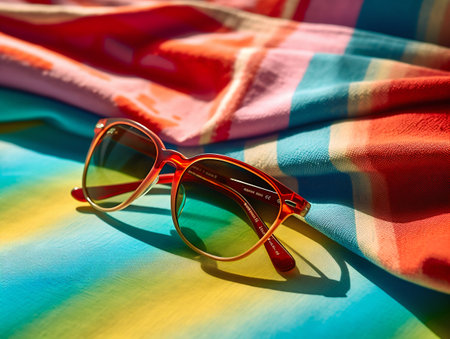 Summer Day at the Beach with Stylish Sunglasses on Colorful Beach Towel. Generative AI. high quality illustrationの素材