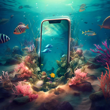 Smartphone in Surreal Underwater World with Seaweed and Coral. Generative AI. high quality illustrationの素材