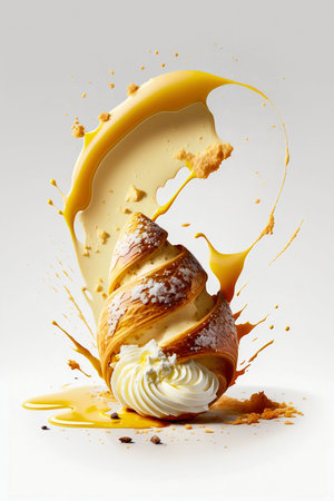 Fried Egg in Croissant, Crumbs and Butter Color Swirl on White Background. Generative AI. high quality illustrationの素材