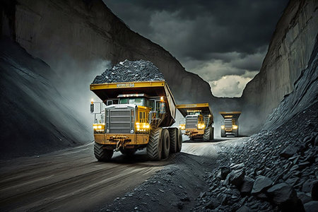 Coal Dump Trucks in an Open Cut Coal Mine. Generative AI. high quality illustrationの素材