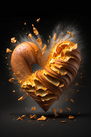 Heart Shaped Croissant Explosion Splash. Generative AI. high quality illustrationの素材