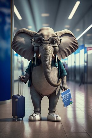 Elephant Returning from Holiday, Wearing Sunglasses with a Backpack and a Boarding Pass in the Airport. Generative AI. high quality illustrationの素材