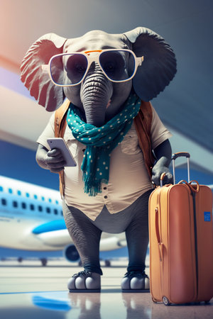 Elephant Returning from Holiday, Wearing Sunglasses with a Backpack and a Boarding Pass in the Airport. Generative AI. high quality illustrationの素材